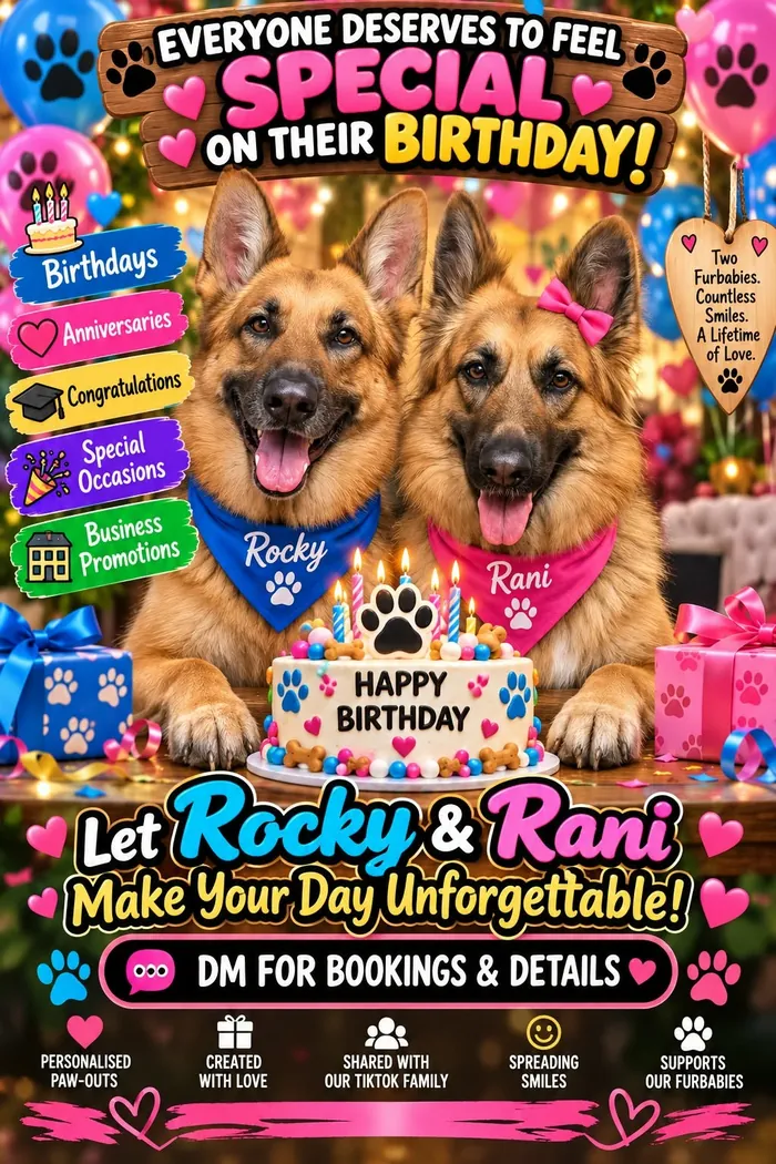 Rocky and Rani paw-outs flyer: personalised messages for birthdays, anniversaries, congratulations, special occasions and business promotions